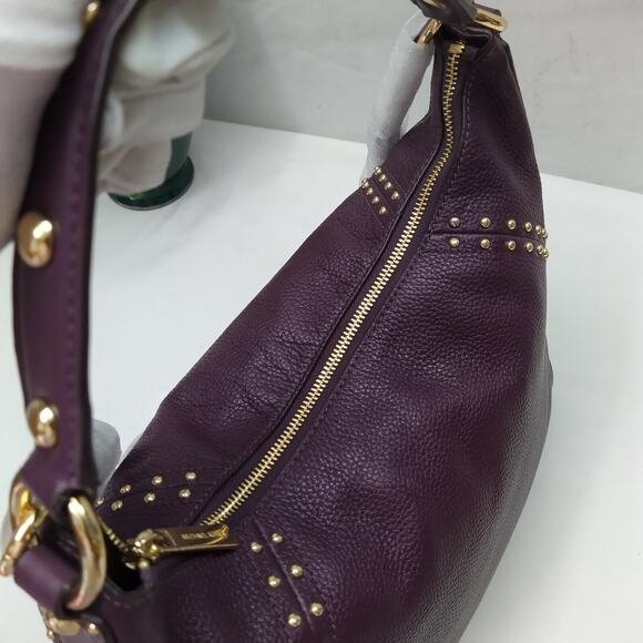Michael Kors Aria Purple Pebbled Leather Studded Zipper Closure Shoulder Bag - Picture 8 of 16